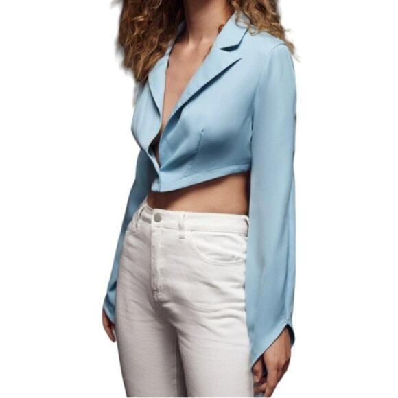 New With Tags Light Blue Crop Flare Sleeve Single Button Jacket Shien X Size L - Picture 2 of 11